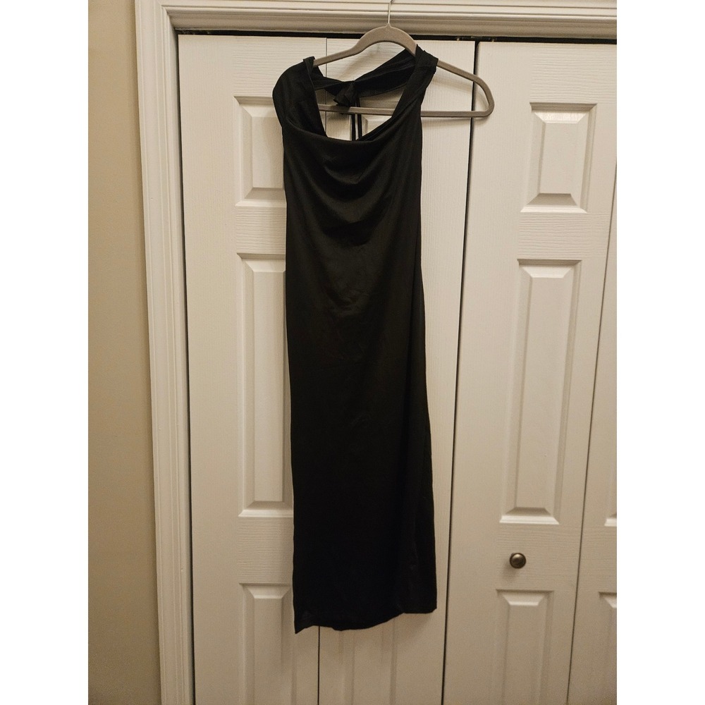 Womens Black Cowl Neck Open Back Midi Dress Rosette Detail Cocktail Sheath